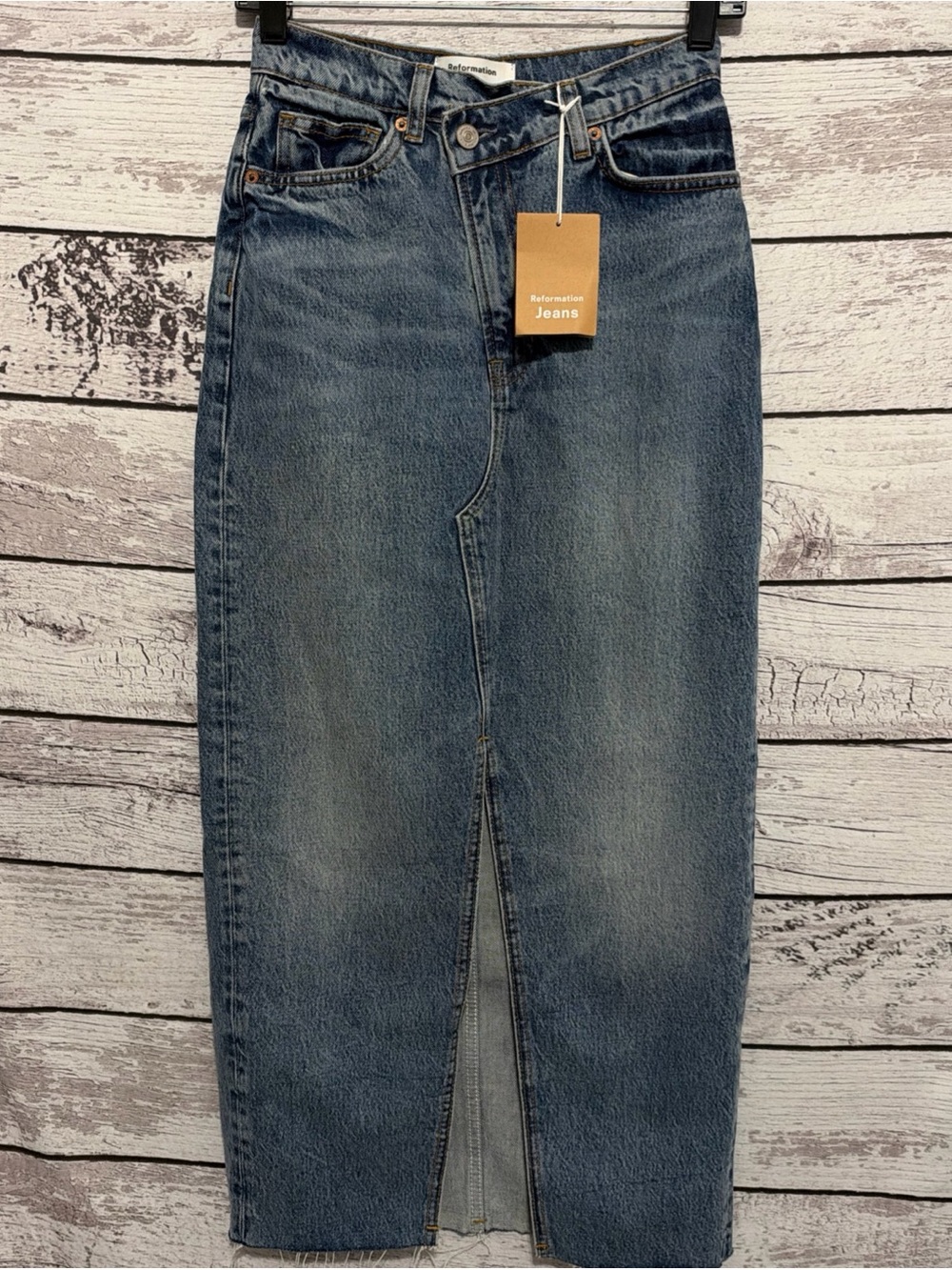 Reformation Nila Long Denim Midi Skirt with Front Slit size 25